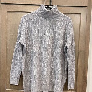 Garnet Hill Light Gray Cable Knit Turtleneck Sweater